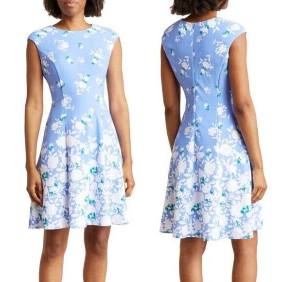 London‎ Times Women's Floral Stretch Blue Flare Dress Size 10 - Picture 1 of 5